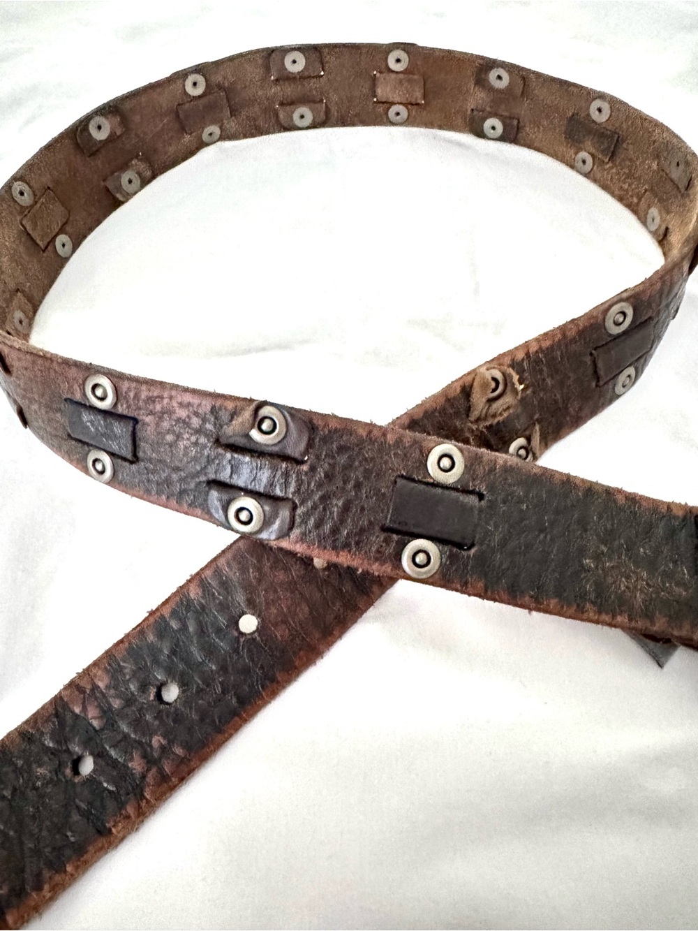Vintage Distressed Brown Leather Studded Belt | Grommet Detail Boho Grunge